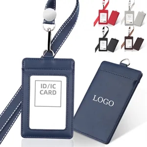 Leather ID Badge Holder with Detachable Neck Lanyard Strap